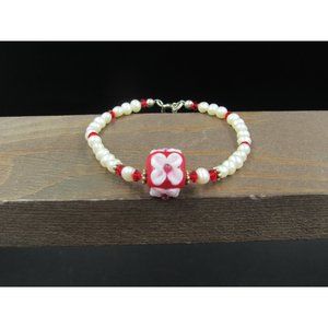6" Sterling Silver White Pearls And Red Glass Flower Bracelet Vintage Elegant
